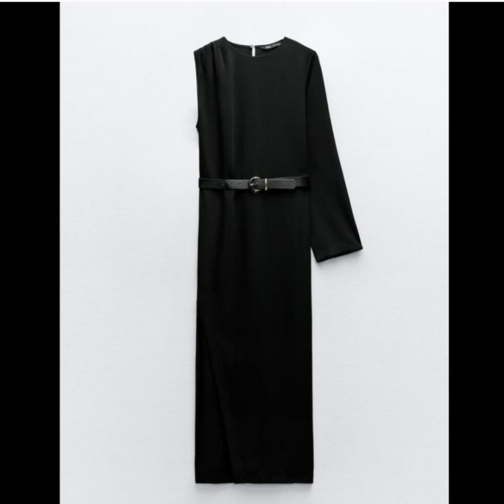 ZARA CLASSIC MIDI DRESS Black Size XS Belted - Picture 4 of 9